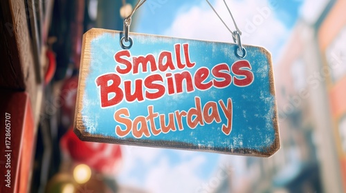 Small business saturday sign hanging outdoors promoting local shopping