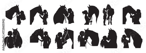 girl kissing horse silhouette white background vector illustration