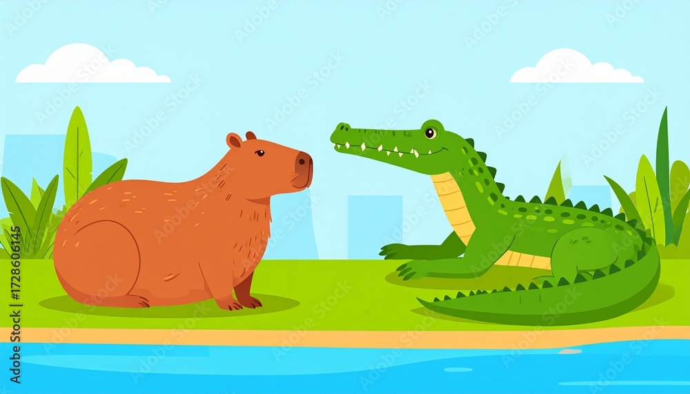 Naklejka premium Capybara Friends with a Crocodile. A clean and modern vector illustration of a perfectly calm capybara resting by a riverbank. 