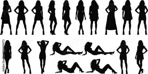 Women silhouettes in various poses, standing, reclining, expressive body language, fashion outline, female form, elegance, posture, beauty, minimal style, vector art