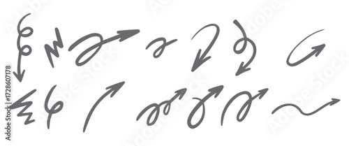 doodle arrows set hand drown lines and curve scribbles.
