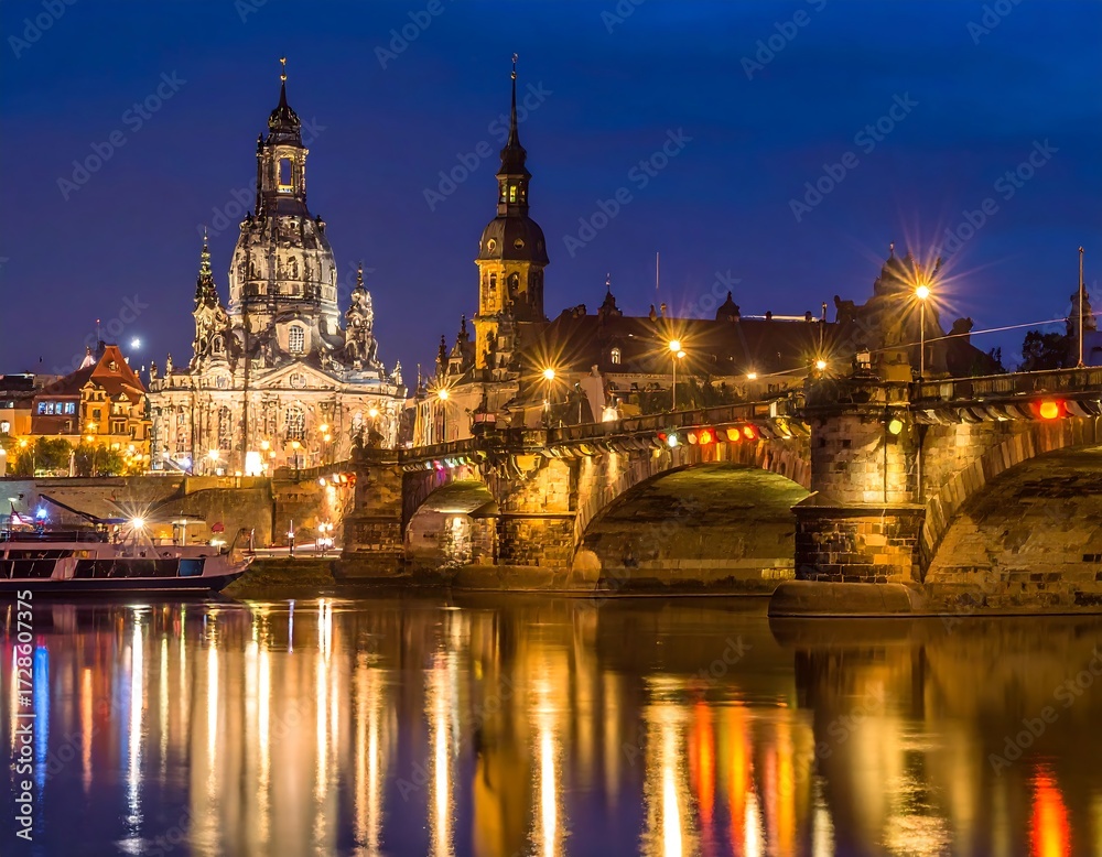 Fototapeta premium Cityscape at night, illuminated buildings, river reflection