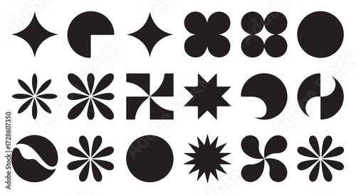 eighteen stylized black and white geometric shapes vector illustration