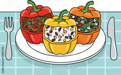 Cartoon Vector Illustration of Stuffed Bell Peppers Trio with Bean, Meat, and Vegetable Fillings on Plate, Decorative Kitchen