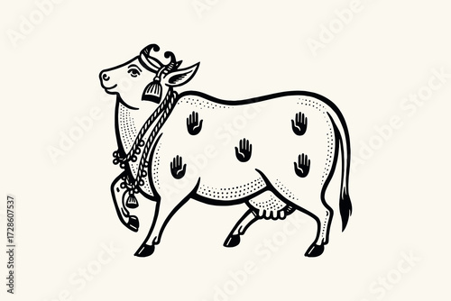 Decorative sacred cow folk style black and white vector illustration