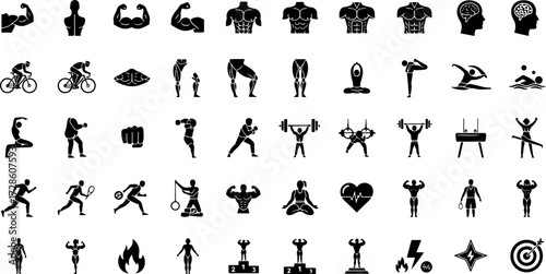 Dynamic fitness icons showcasing diverse exercises, health, and wellness activities for all