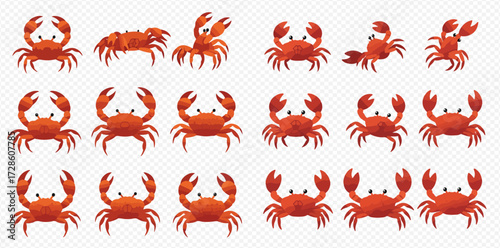 A vibrant collection of cute red cartoon crabs in various playful poses, featuring their distinctive claws and eyes, against a transparent background.