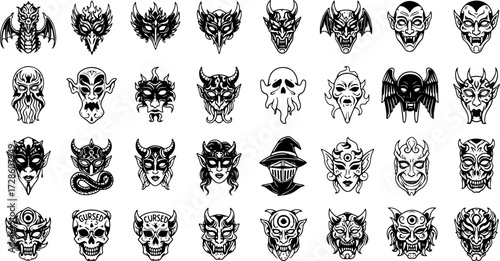 Halloween horror faces vector set: Scary monsters, demons, devils, and creatures for spooky designs