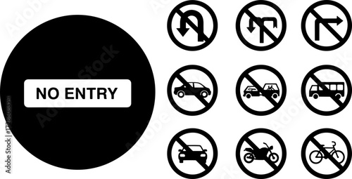 Traffic prohibition signs collection, black and white style for roadway restrictions and travel safety