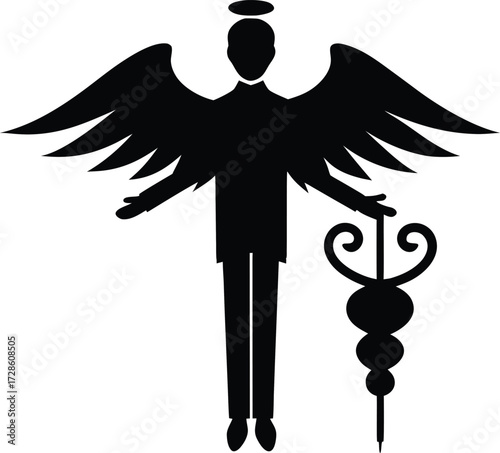 Silhouette of an angel with wings holding a staff with a halo