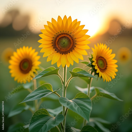A vibrant yellow sunflower field under a bright blue summer sky captures the natural beauty of the blooming agriculture