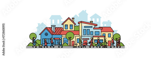 Neighborhood scene with people walking