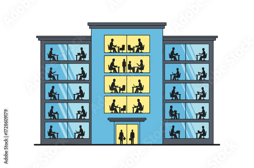 Office building illustration with people working
