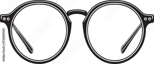 Black and white illustration of round eyeglasses with thick frames spectacles circular