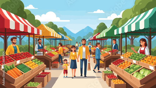 Vibrant Market Scene: A lively outdoor market is bustling with activity as people browse and purchase a diverse array of fresh produce.