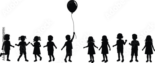 Silhouette children playing, kids group together, boy with balloon, childhood happiness, friendship unity, fun lifestyle, family concept, playful education theme