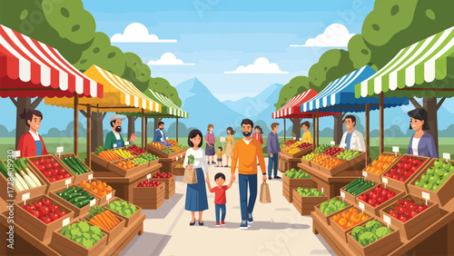 Community market: A vibrant illustration showcasing a bustling market, overflowing with fresh produce under colorful canopies. A family strolls through the scene, embodying community spirit. 
