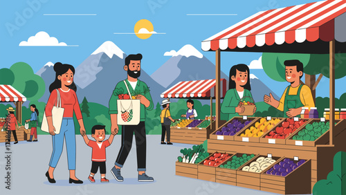 Fresh Market Day: A vibrant illustration of a happy family enjoying a bustling farmers market, choosing fresh produce and connecting with local vendors under a sunny sky. 