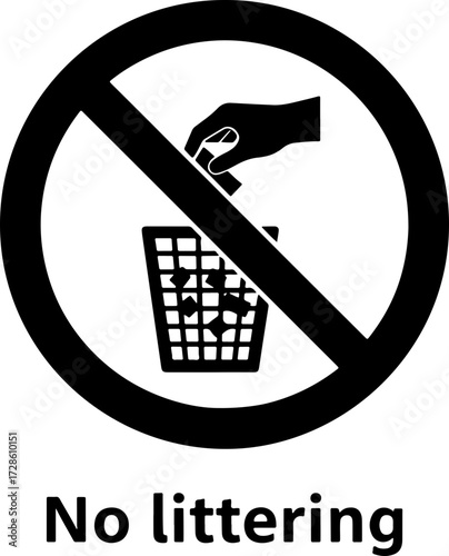 No Littering sign with hand dropping trash into a bin, promoting cleanliness and order