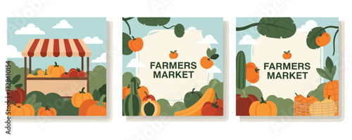 Farmers Market Illustration: A trio of charming illustrations captures the essence of a farmers market, with fresh produce and a welcoming ambiance.