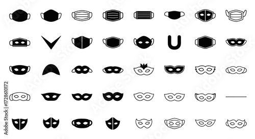 Collection of face masks and masquerade masks for health, safety, and celebrations