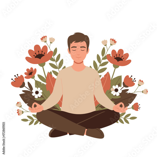 Peaceful Man Meditating in Lotus Pose Amidst Serene Floral Bloom