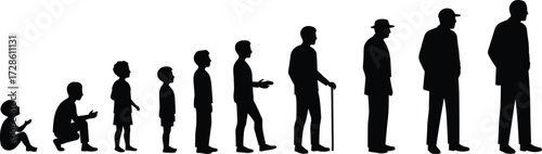 Silhouette of male growth stages from childhood to adulthood, aging process, life evolution, human development timeline, man life cycle illustration