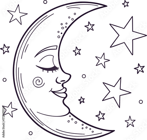 Black vector silhouette illustration of a woman's face with star symbol and flowing hair design
