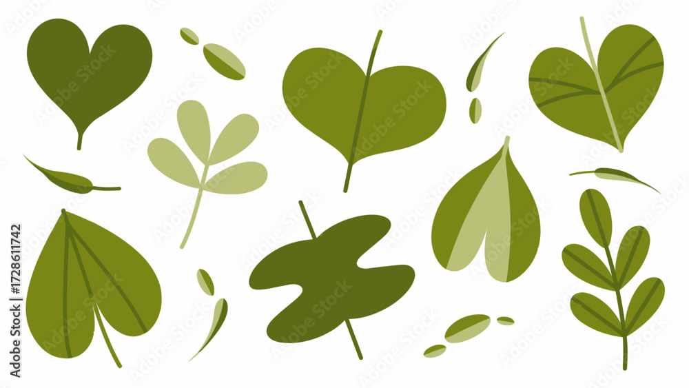 Fototapeta premium Assorted Green Leaf Illustrations on White Background Botanical Study Beautiful Artistic Display Isolated Leaves Nature Illustration