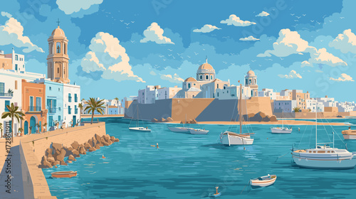 Cityscape of Cadiz in Spain, touristic advertisement poster, beautiful touristic must-see destination. Beautiful tourist destination, in southern europe. Historical place, touristic landmarks.