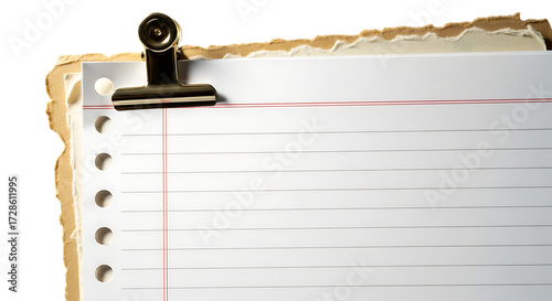 Closeup of a binder clip holding together torn paper sheets with red lines, isolated on transparent background