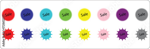 A bright set of starburst shape sale stickers and badges in multiple colors. Ideal for e-commerce, advertising, retail promotion, and social media marketing campaigns.