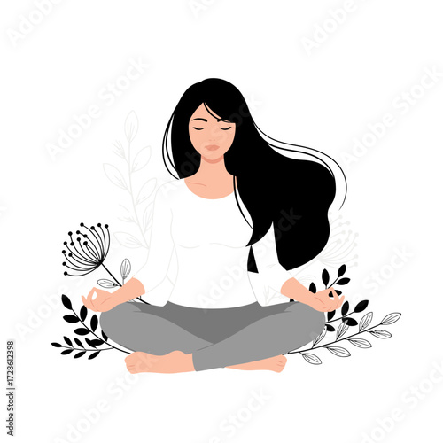 Peaceful Woman Meditating in Yoga Lotus Pose Amidst Calming Nature-Inspired Floral Accents