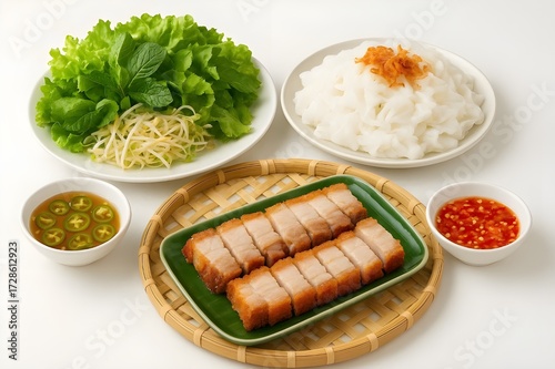 Bánh ướt heo quay-golden crispy roasted pork belly and oft white steamed rice sheets- Vietnamese traditional dish