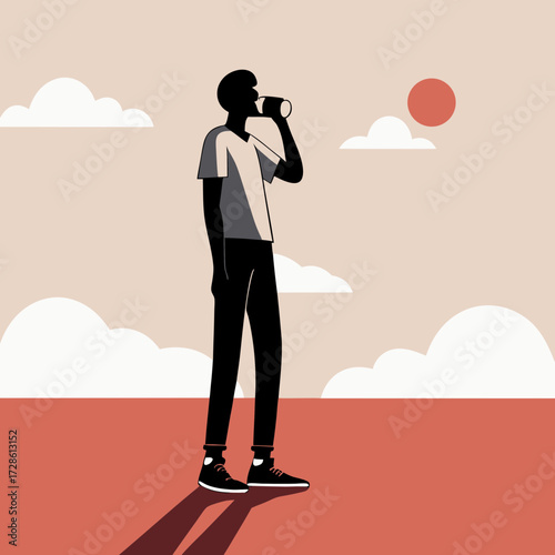 Man drinking beverage while standing outdoors at sunset  