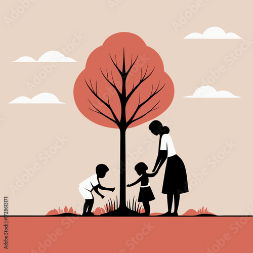 Family planting a tree with children in a minimalist landscape  