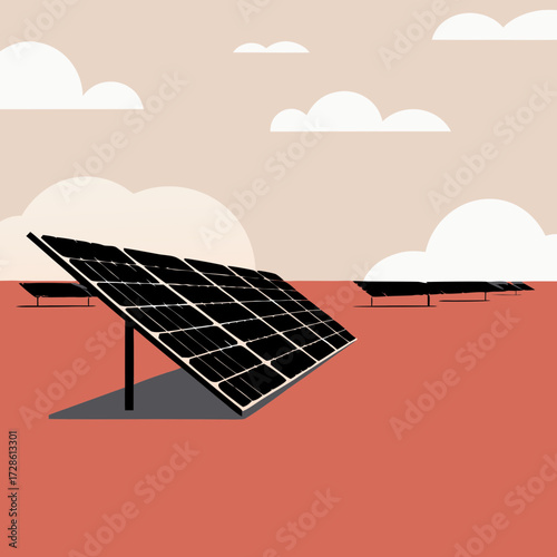 Solar panels in desert landscape under cloudy sky and sunlight  