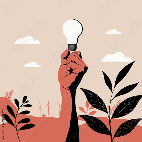 Hand holding light bulb among plants and wind turbines in nature  