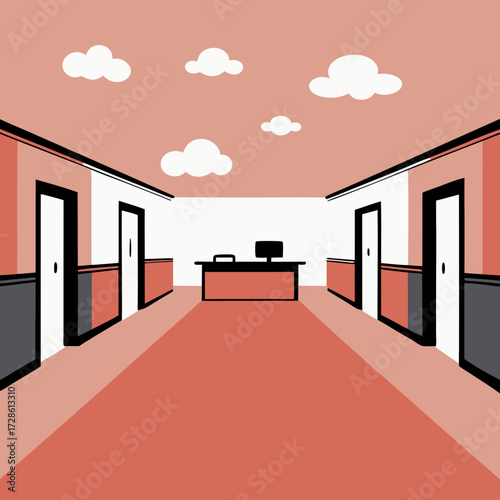 Modern interior hallway with reception desk and cloud-patterned ceiling  