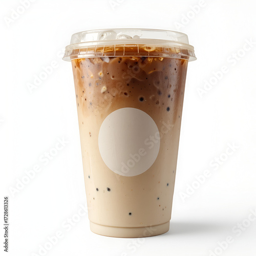 Iced latte or coffee in plastic to go or takeaway cup mock up isolated on white background. Including clipping path.