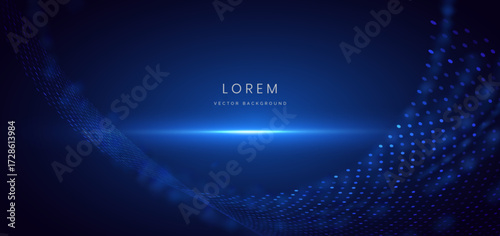 Futuristic digital dot glowing particles on dark blue background.
