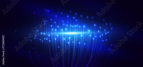 Neon blue light lines with sparkle on dark blue background with lighting effect. Futuristic light concept.