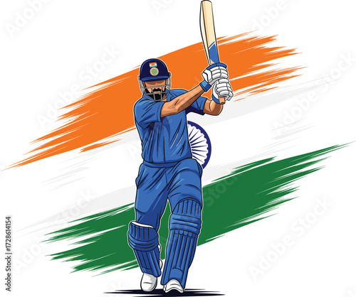 Indian Cricketer Batting with Tricolor Background Vector Illustration