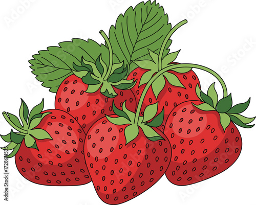 Juicy Strawberry Fruit with Leaves Vector Art