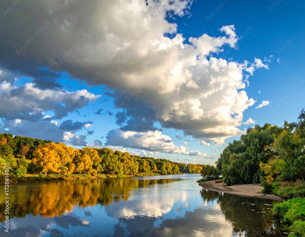 Obraz premium Autumn river landscape with dramatic clouds