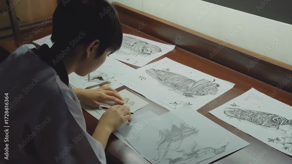 Artist draws detailed illustrations, animating ideas, focusing on creative process and skillful technique