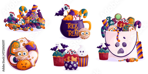 A set of illustrations with sweets, pastries for Halloween. Cookies, cupcakes, lollipop in the shape of a ghost, skull, eyeball. Isolated vector illustration for the design of postcard, banner, poster
