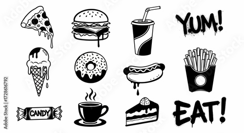 Stylish Monochrome Fast Food and Dessert Doodle Art Collection