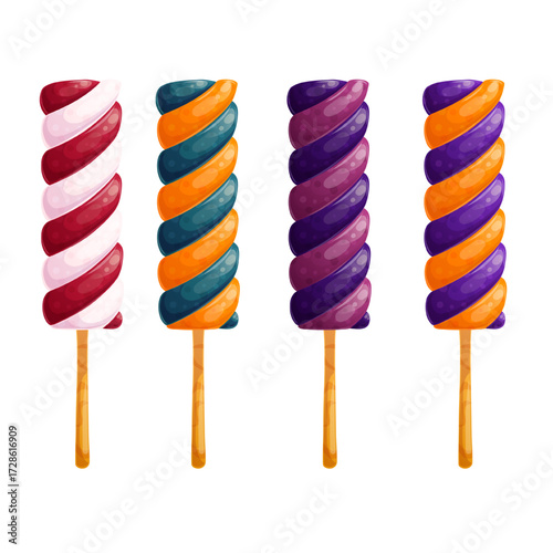 A set of spiral marshmallow candies on a stick. A twisted candy bar with colored stripes. Trick or Treat. The concept of Halloween. Isolated vector illustration for stickers, design, decoration.