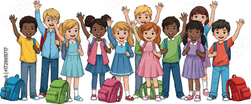 Group of diverse schoolchildren waving in classroom, ready for learning and new adventures, creating a cheerful and inclusive atmosphere.